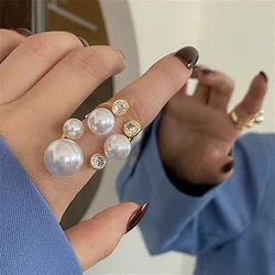 European American Exaggerated Geometric Opening Pearl Ring for Women Crystal Adjustable Irregular Ring Cool Personality Jewelry