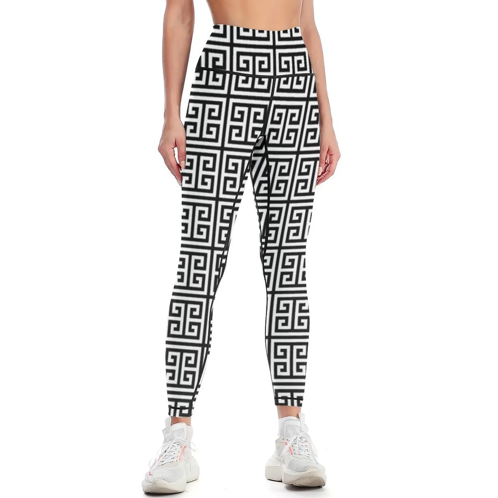 Greek Key Black And White Pattern Leggings Women's pants harem pants workout clothes for sports tennis for Womens Leggings