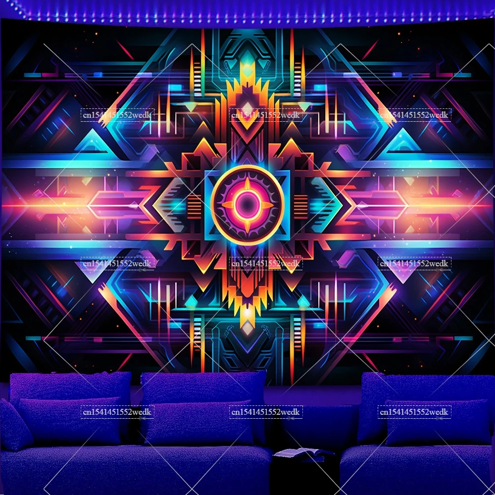 Boho Flowers Blacklight Tapestrys UV Reactive Psy Geometry Luminous Tapestrys Aesthetic Room Decor Neon Fluorescent Backdrops