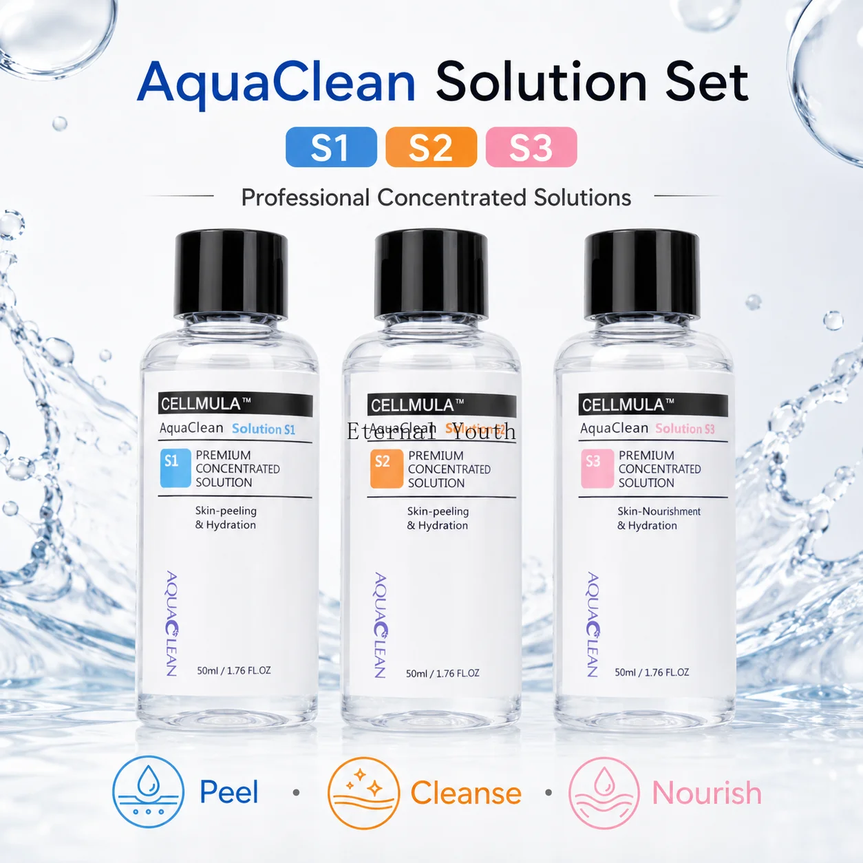 AquaClean S1 S2 S3 Solution Set 50ml Concentrated Liquid for Aqua Facial Beauty Device Hydrating Cleansing Care