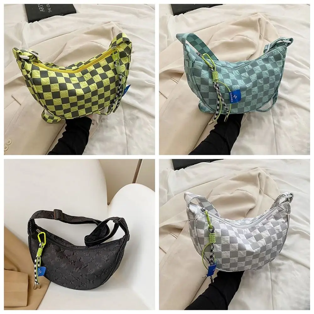 Elegant Dumpling Shape Half Moon Messenger Bag Grid Large Capacity Plaid Crossbody Shoulder Bag Nylon Ins Style Male/Female