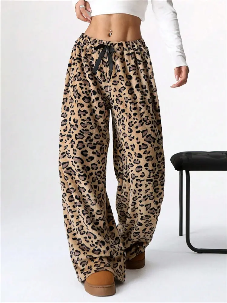 

Women Leopard Fleece Trousers High Waist Lace-Up Sexy Leopard Sweatpants Spring Floor Length Fluffy Warm Wide Leg Pants