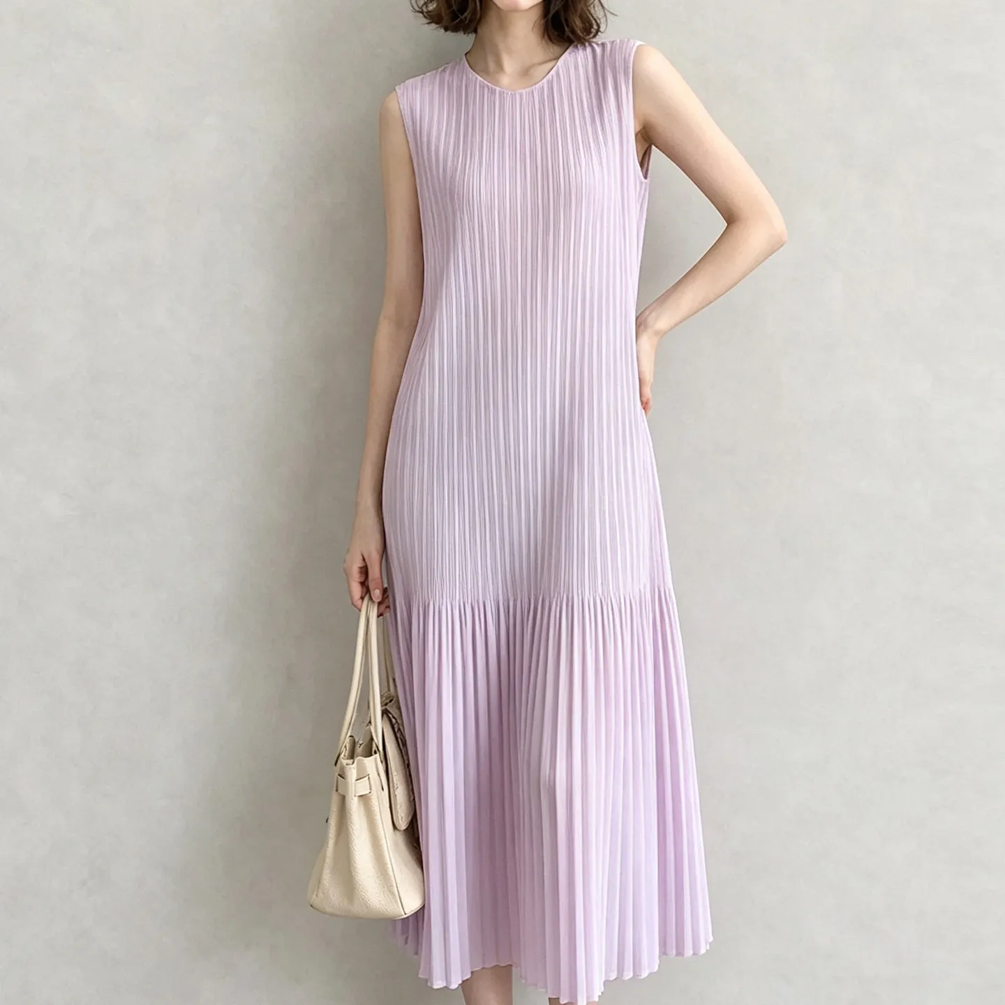 Miyake Plissee-Kleid Damen Ärmelloses Midi-Kleid Strukturiert Locker Sitzend Elegant Lässig Sommer Mode Minimalistischer Stil Schickes Fit – Detail 13