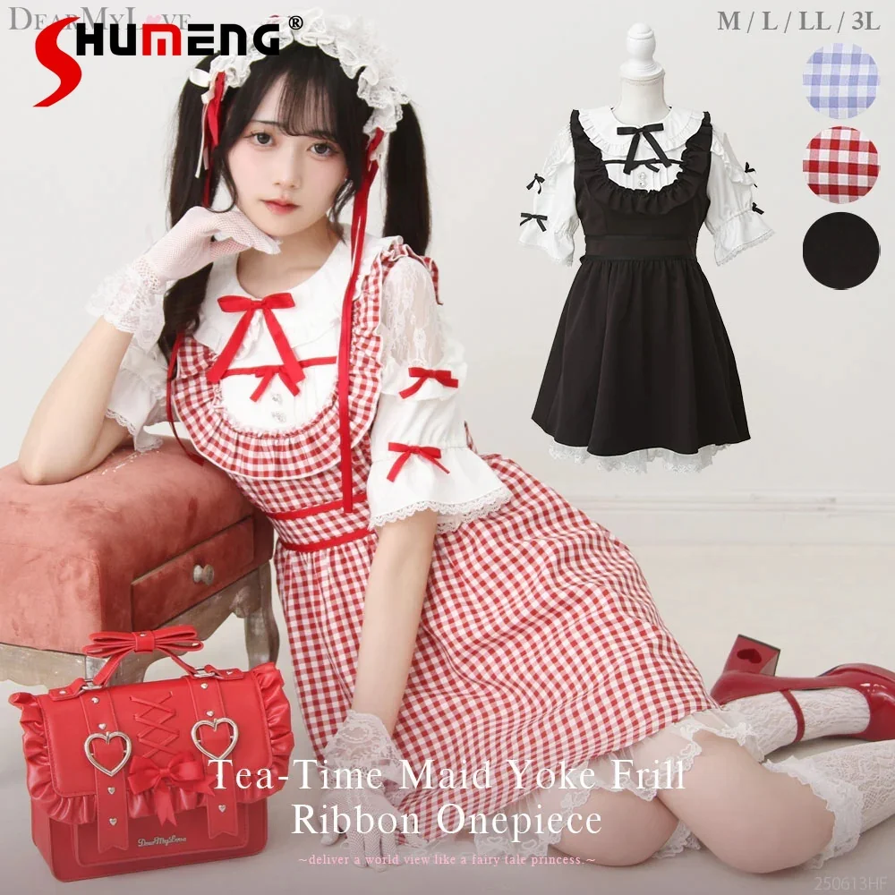

Japanese Mine Style Doll Collar Lace Splicing Bubble Sleeve Bow Diamond Buckle High Waist Slim A-line Plaid Short Dress Women