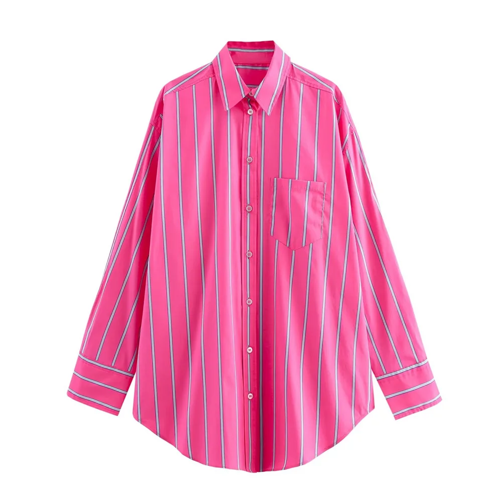 

Collar Long Sleeve Single breasted Top Spring New Collection Pocket Decoration Striped Loose Shirt for Women