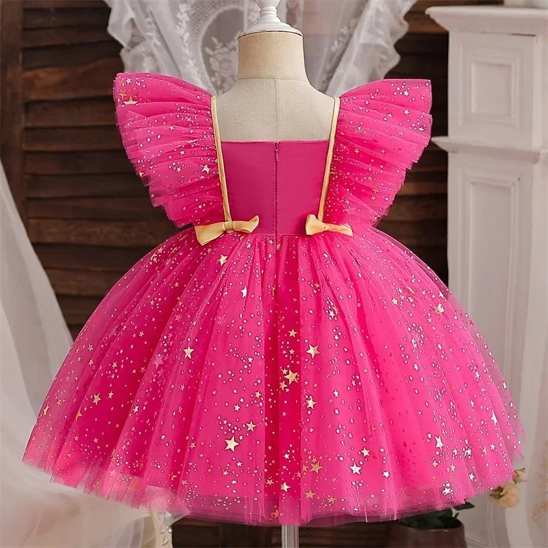 1 st Baby Girl  Birthday Princess Dress Sequined Star Ruffle Bow Tutu Gown Baby Formal Gala Prom Gown Kids Evening Party Costume