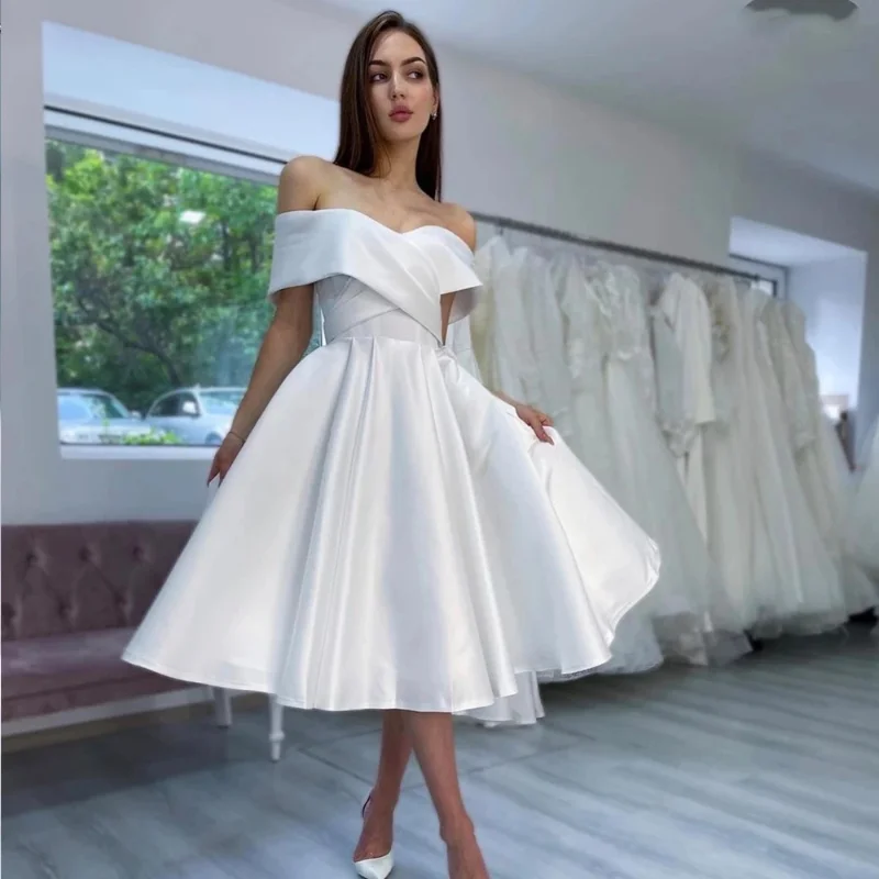 

Wholesale Simple Wedding Dress Satin Off The Shoulder Knee Length 2023 White Bridal Gown for Women Summer Beach Robe De Maire