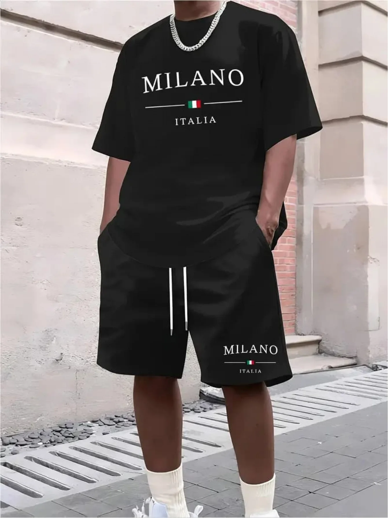 

2026 New Men's Black Milano Italia Graphic Casual Shorts Y2K Oversized Casual Suit Suitable for Daily and Training Wear