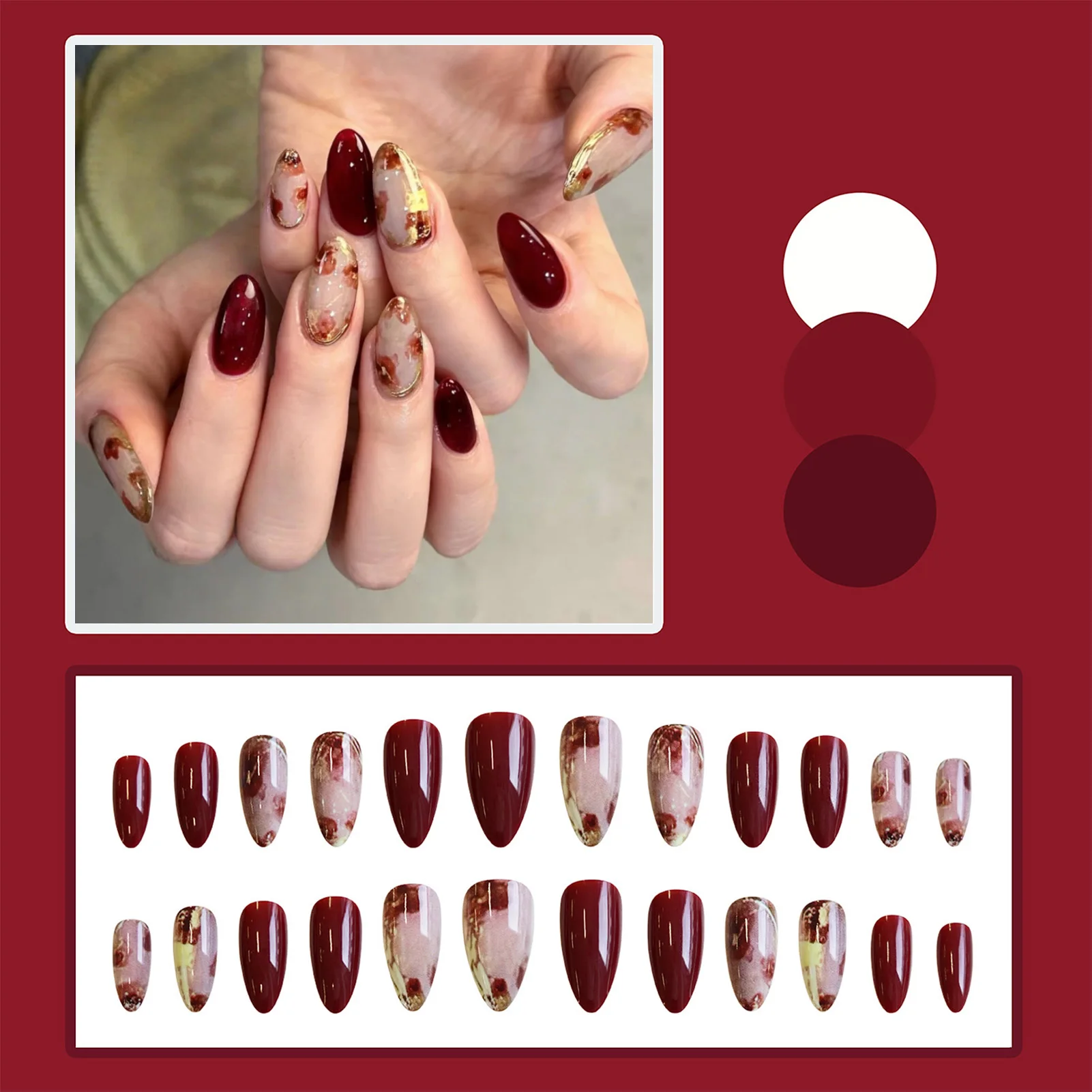 24 Stück bernsteinfarbene Rose-Kunstnägel zum Aufdrücken der Nägel mit Ölfarbe, Blumen-Designs, lange Mandel-elegante Sizzy-Herbst-Kunstnägel, tragbar
