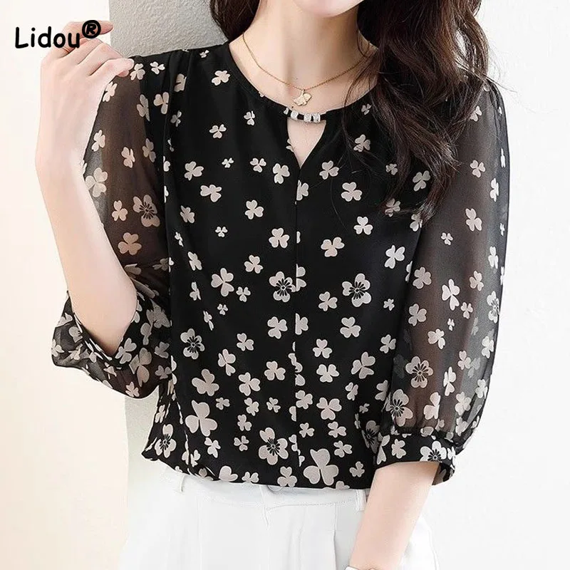 Women\'s Clothing Fashion Casual Printed Half Sleeve Chiffon Blouse Summer New Female Korean All-match Hollow Out Spliced Shirt