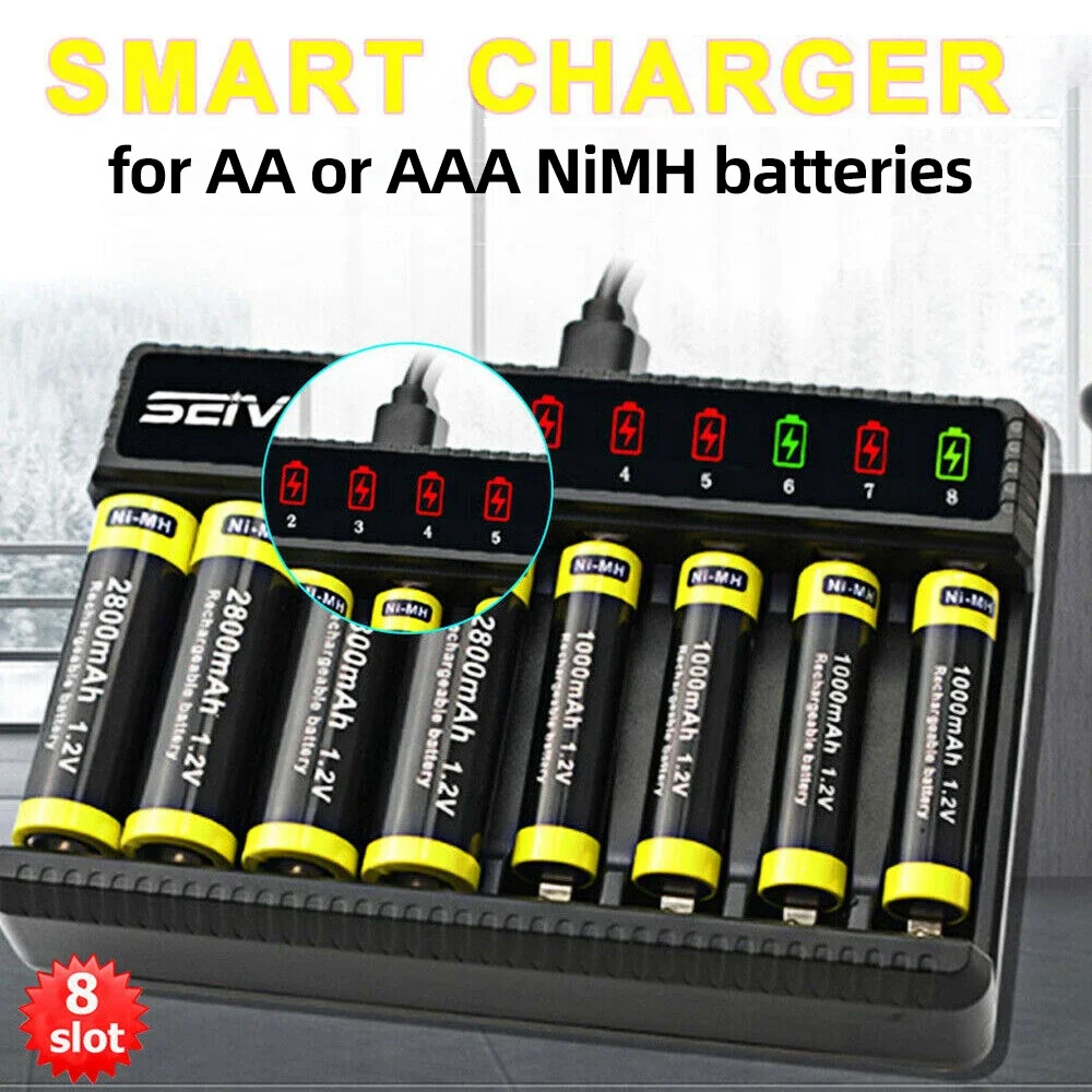 8 Slot Smart Battery Charger 600mA Black USB Battery Charger for AA/AAA 1.2V NiMH Rechargeable Batteries