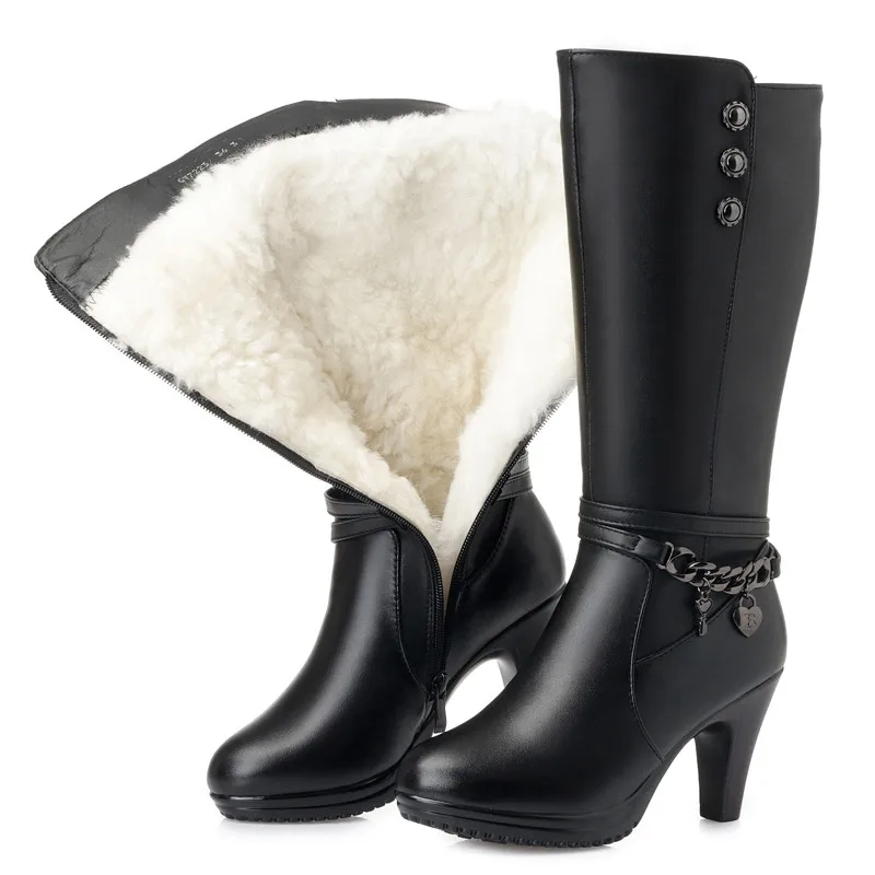 AIYUQI, zapatos de invierno para mujer, botas de mujer de tacón alto, botas de moto de cuero genuino, botas de invierno cálidas de lana gruesa,