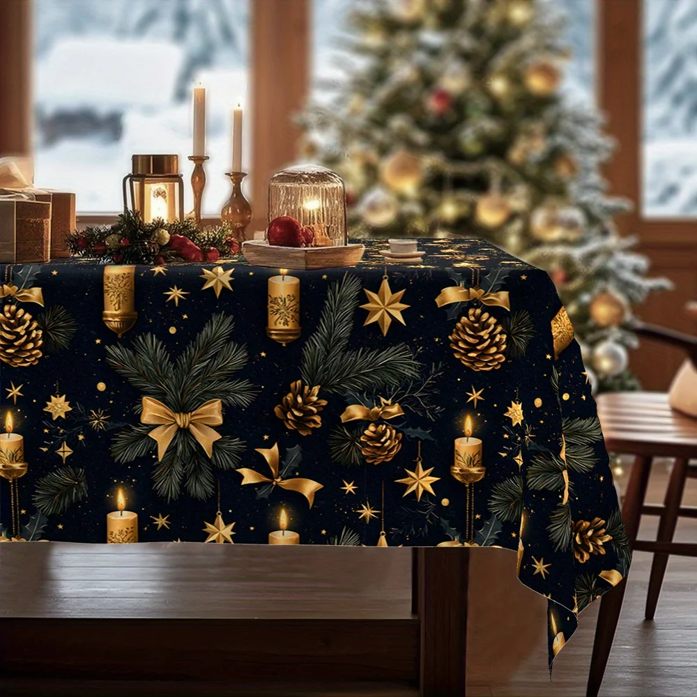 1pc  Luxury Black Gold Christmas Tablecloth Pinecone Bow Star Print Winter Holiday Dining Table Cover