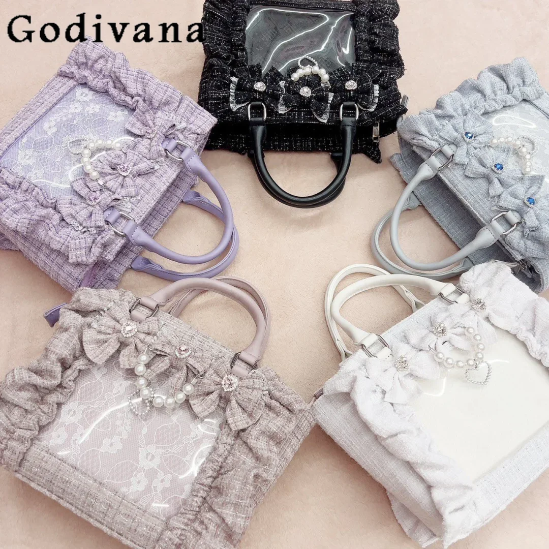 Japanese Ruffled Classic Portable Crossbody Bag Female Badge Bar Tie Sweet Large Capacity Bag Rhinestone Bow Cute Girl Handbag