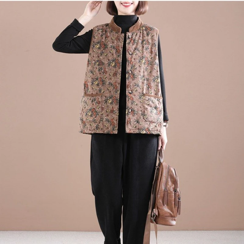 Japanese High Quality Cotton Vest Women Autumn Winter Loose Vintage Print Pocket Waistcoat Tops Warm Vest New Jacket