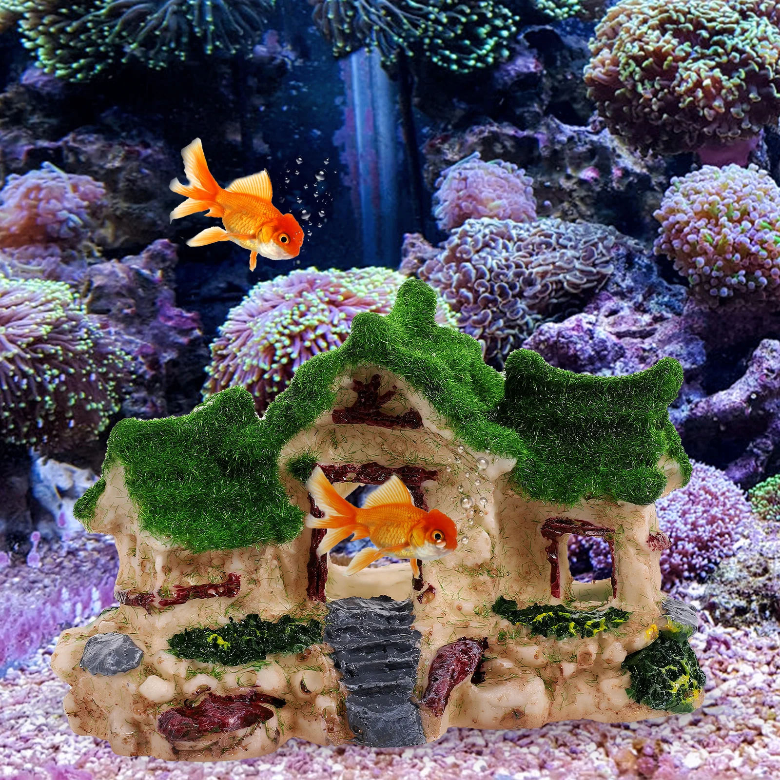 

Flocking Cottage Resin Fish Tank Decoration Aquarium nament Hollow House Plant Velvet Fish Hiding Cave Shelter