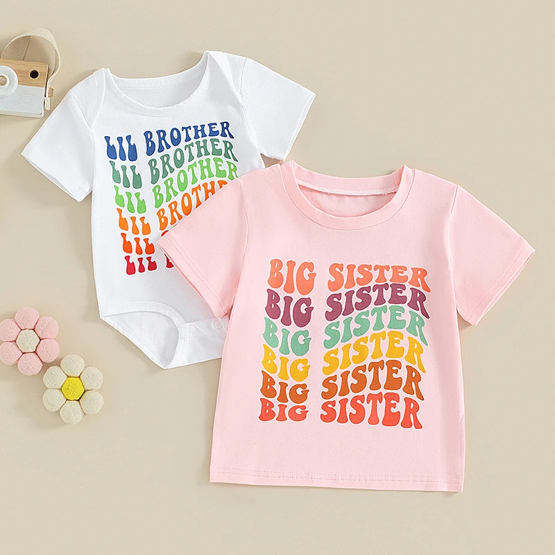 큰 형제 여동생 일치하는 의상 짧은 소매 소년 티셔츠 유아 소녀 Romper 세트 형제 자매를위한 쌍둥이 옷