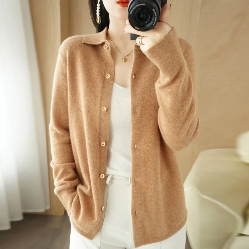 Spring/Autumn cashmere sweater women's cardigan sweater coat shirt collar cashmere cardigan