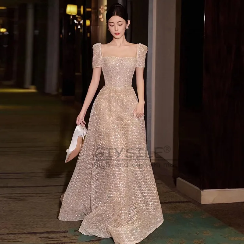 

GIYSILE Customized Wedding Dress 2025 Square Collar Fashion A-line Dress Fine Flash Out-of-door Yarn Slim Party Evening Dresses