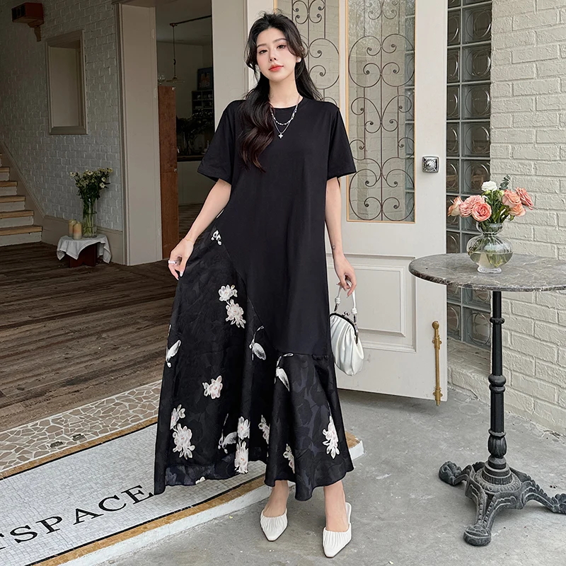 

Summer Dresses 2024 New Loose Plus Size Patchwork Jacquard Lady Vestido Female Robe Fake Two Piece Clothing Black Dres KE6401