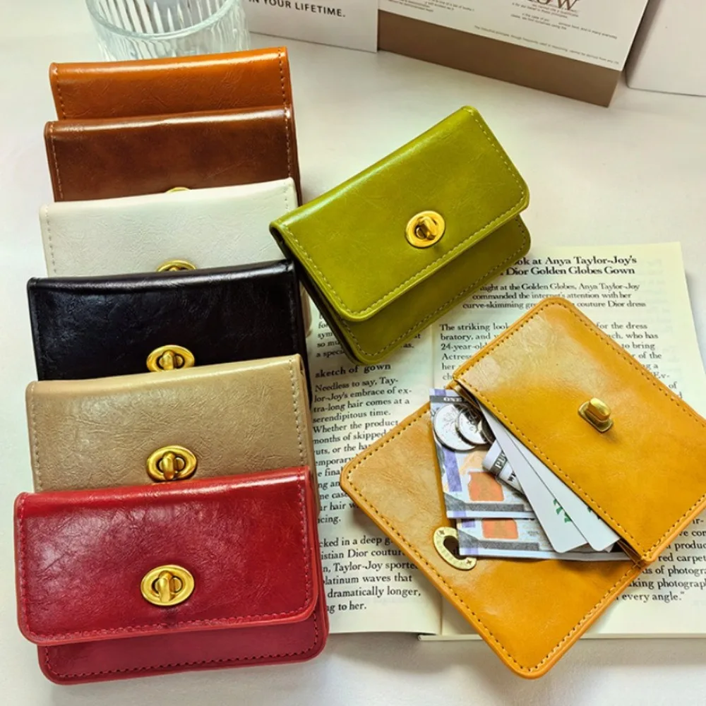 กระเป๋าใส่การ์ดสไตล์เกาหลีแบบใหม่ผู้หญิง, กระเป๋าใส่บัตรหลายชั้นล็อกย้อนยุคสีทึบเรียบง่ายกระเป๋าใส่บัตรผู้หญิง