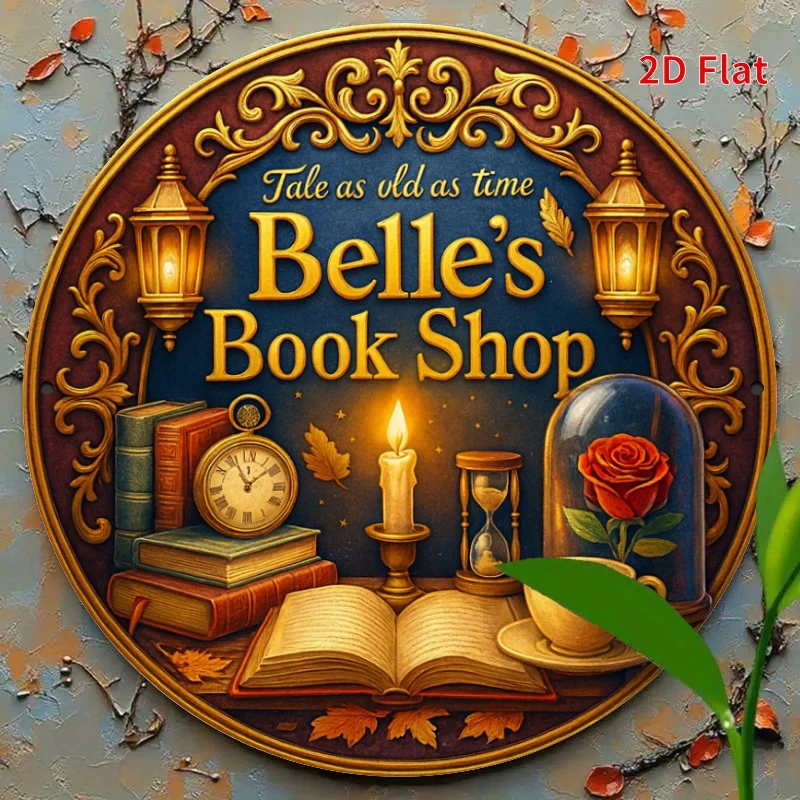2D Flat, 2D Flat - 1pc, 7.87x7.87 Inch Sign - Belle Bookstore - Vintage Story Round Tin Foil Art, Suitable for Book Lover's Stud