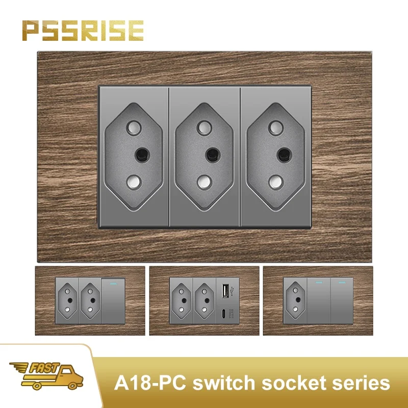 

PSSRISE Grey BR Standard Wall Switch Socket with 2.1A USB Type-c Charger Wood Grain Panel Light Switch Computer TV Power Outlet