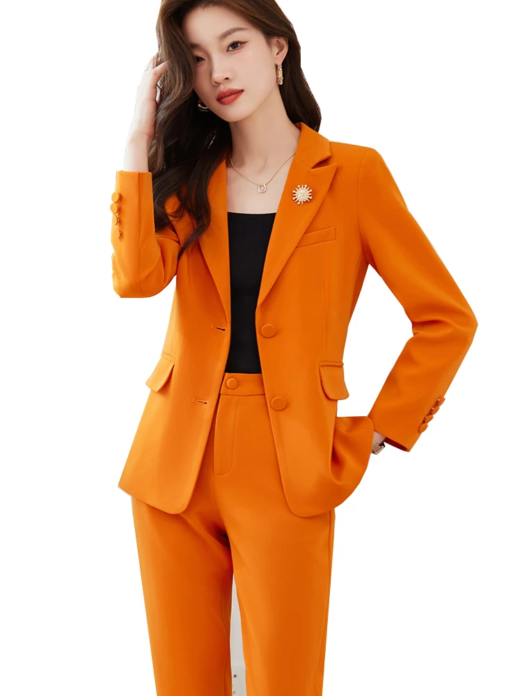 Women's Single Breasted Formal Blazer and Trouser Set Pant Suit Slim Work Wear, Orange, Red, Beige, Black, Ladies, Female, 2 Pcs