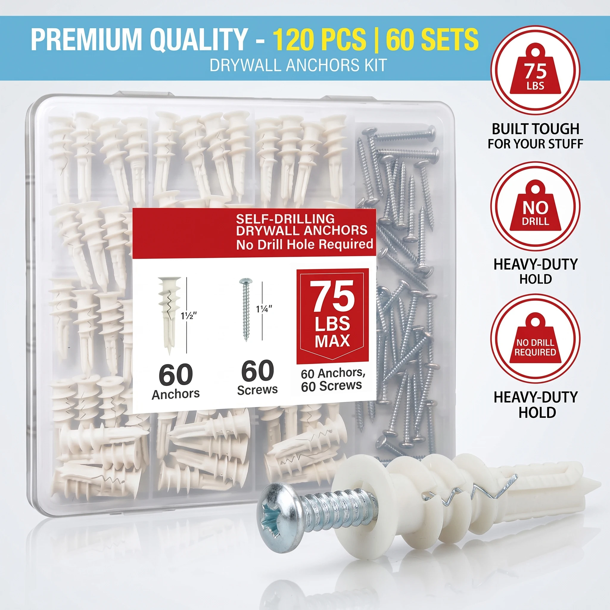 120Pcs/60Sets Self-Drilling Drywall Anchors with Screws Kit, 75 lbs Heavy Duty Nylon Plasterboard Wall Plug Fixings with Storage