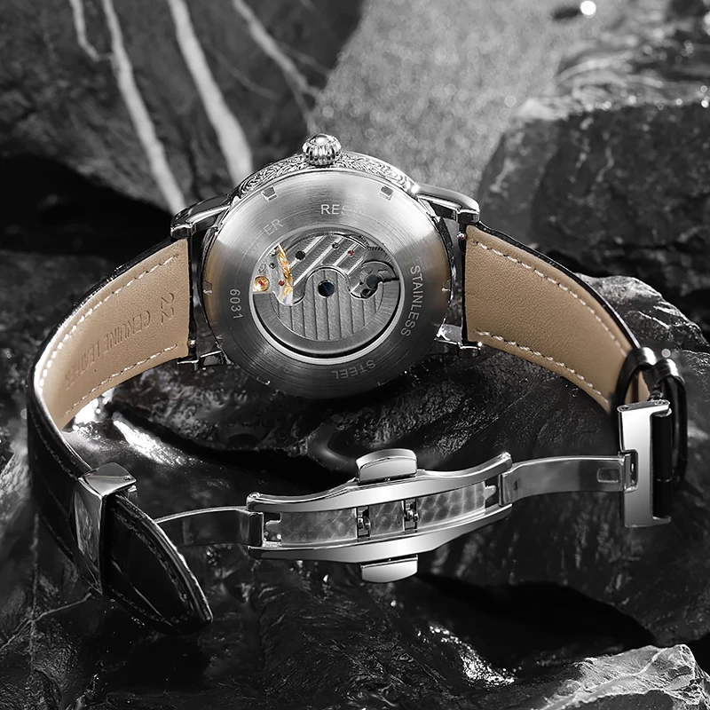 Dulunwe Men Automatic Mechanical Watch Skeleton Tourbillon Moon‑Phase Luminous Leather Wrist Watch