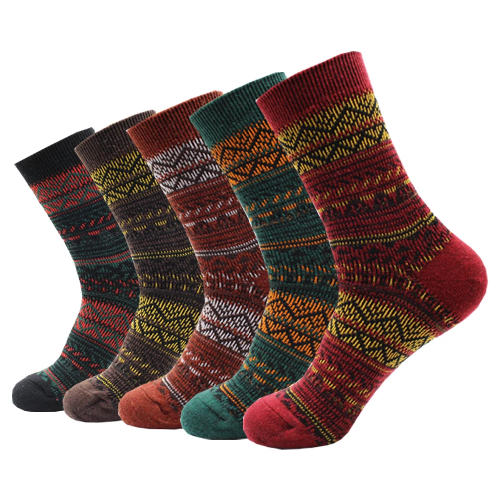 5 Pairs New Fashion Ethnic Style Women and Men Mid-tube Casual Socks Winter Vintage Warm Rabbit Wool Men Socks