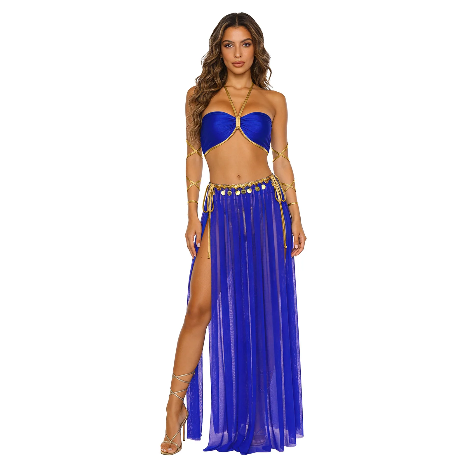 Women 3 Pieces Belly Indian Stage Dance Performance Costume Halter Tops with Mesh Skirt And Metallic Briefs for Party Festival