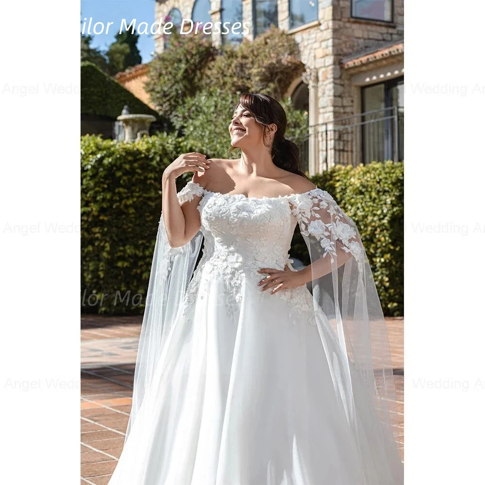 A-Line Long Princess Wedding Dress With Off Shoulder Caped Flower Lace Appliques Customized Plus Size Bridal Gown Robe De mariée