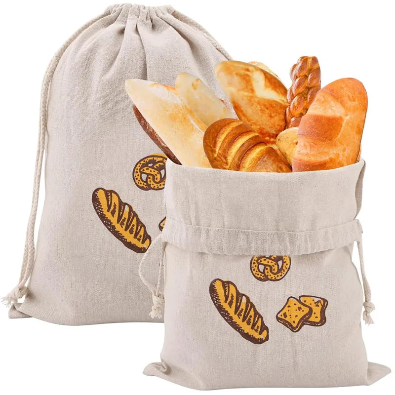 3 Pcs/lot Bakery Fresh Bread Packaging Bag Big Size Reusable Cotton Linen Drawstring Pouch Keeping Kitchen Organizer