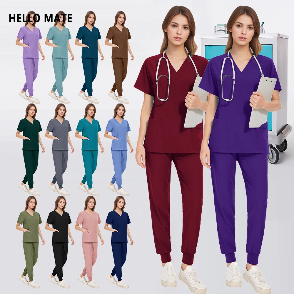 

New Scrubs Set Uniforms Nurse Multicolour Surgical Uniform Pocket V-neck Top Jogger Pants for Men Women Hospital Medical Clothes