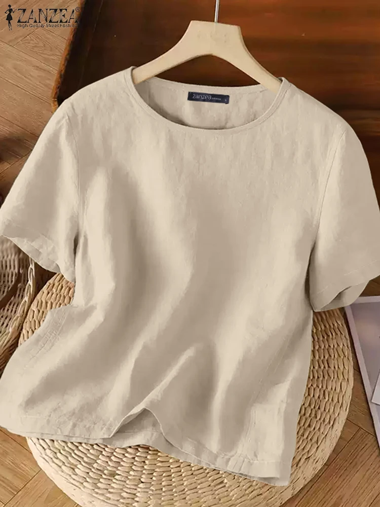 ZANZEA รอบคอผ้าฝ้ายลินิน Basic เสื้อยืดสีทึบแขนสั้นสวมใส่ 2025 ฤดูร้อนเสื้อลําลองสตรี Blusas Mujer