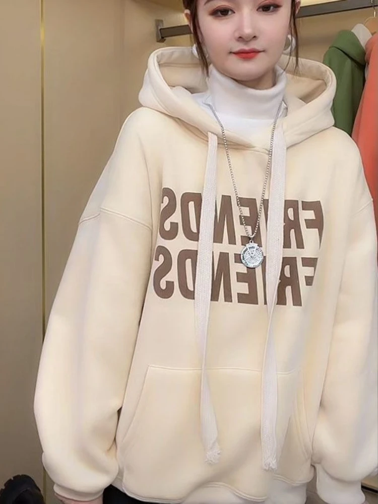 Women Hoodie Autumn Winter Fleece Warm Loose Hooded Sweatshirt Korean Style Casual Cream Pullover Tops