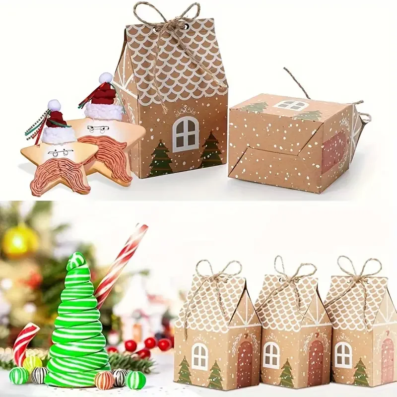 10/20/50Pcs Christmas Candy Gift Box With Tag Kraft Paper Cookie Snack Packing Bags Christmas Supplies Home Decoration New Year