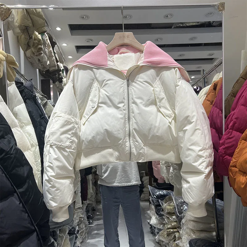 Piumino corto donna nuova moda grande risvolto cerniera piumino rosa piumino caldo addensato Parka giacca invernale Casual femminile