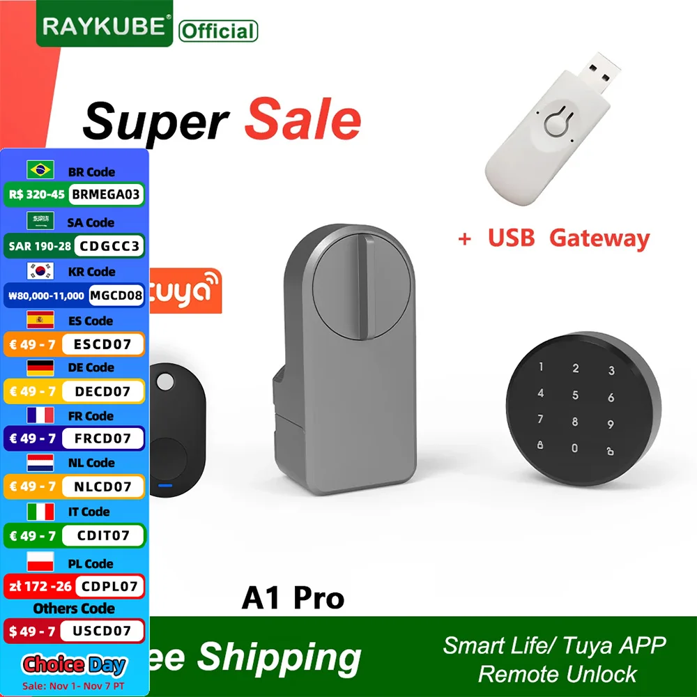 RAYKUBE A1 Pro Tuya BEL Smart Door Lock Set with Fobs/ Keypad/ Smart Key Tuya Remote Unlock Work with Alexa Google Assistant