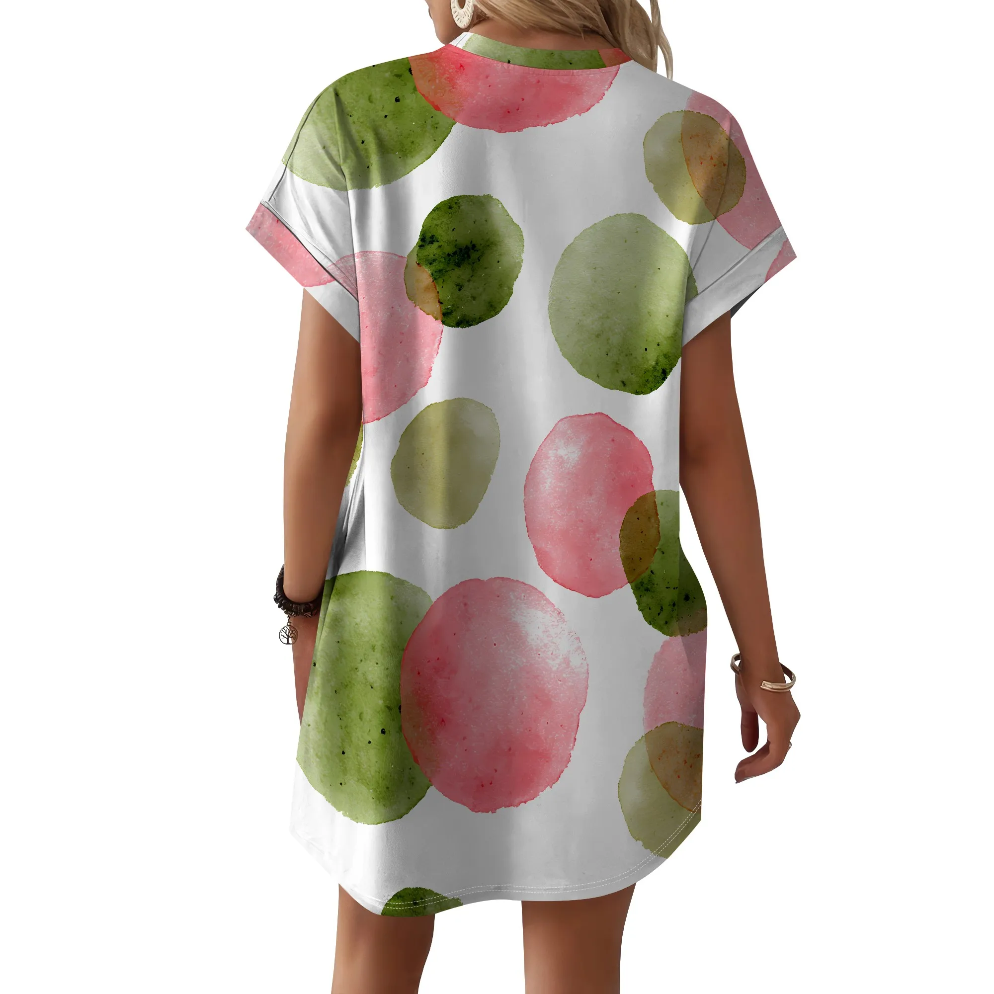 Watercolor Dot Print Dress, Abstract Art T-Shirt Dress, Casual Summer Shift With Pockets, Beach Vacation Wear, XS-3XL