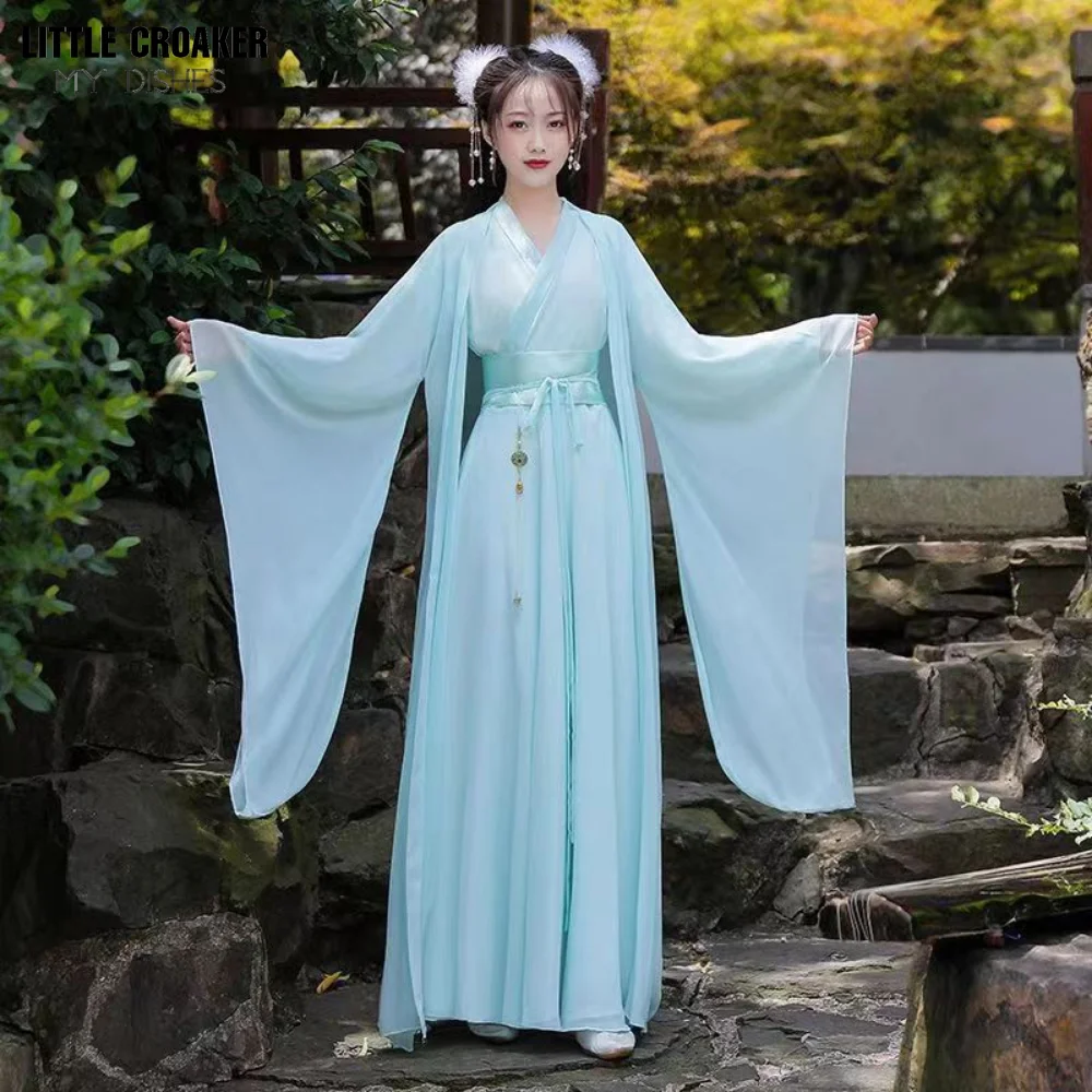 2023 New Hanfu Women Pink Blue Red Dress Folk Dance Costume Chinese Traditional Fairy Ancient Han Dynasty Princess Stage Outfits