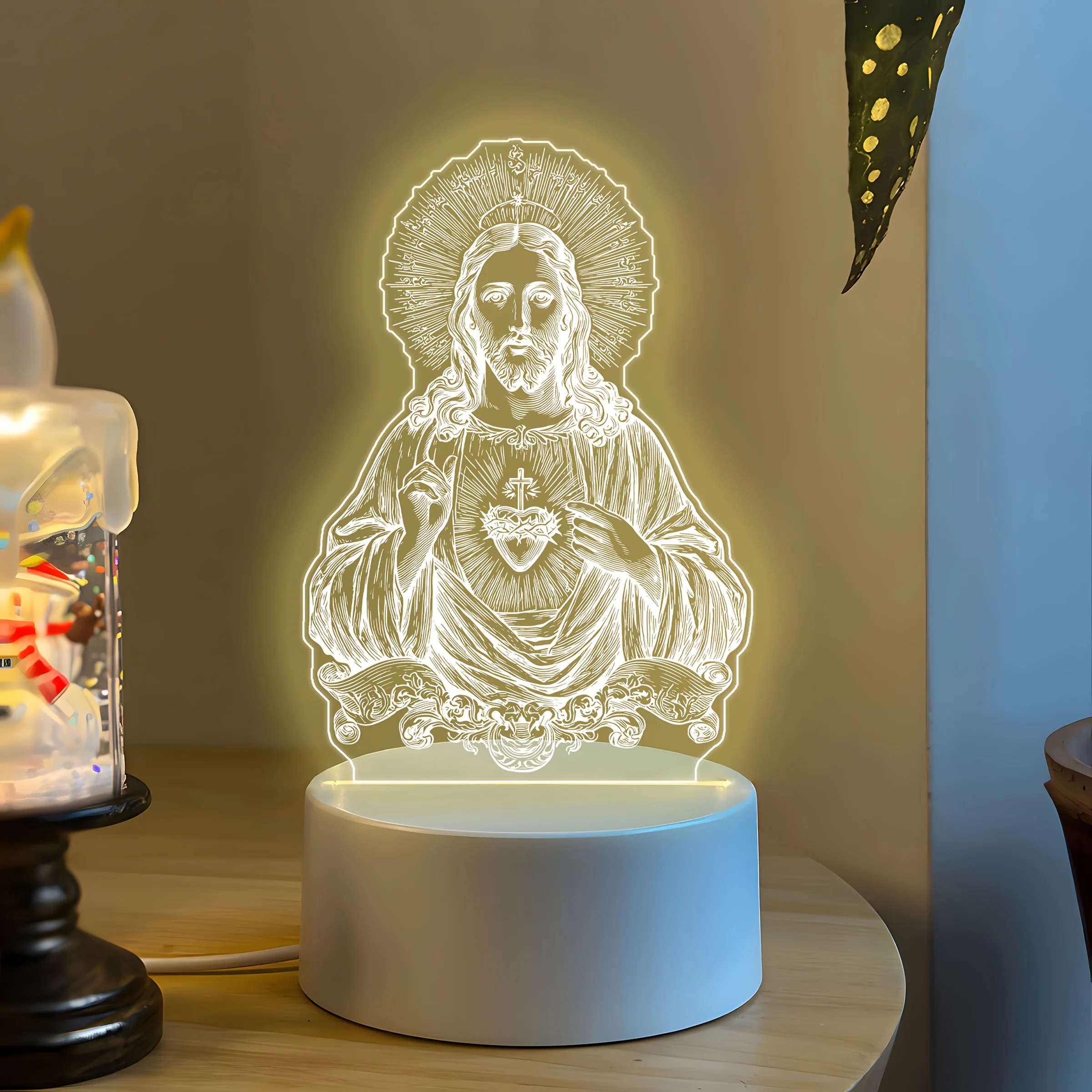 Christian Jesus Night Light, USB-Powered Acrylic Decorative Table Lamp, Religious Home Decor, Church Souvenir