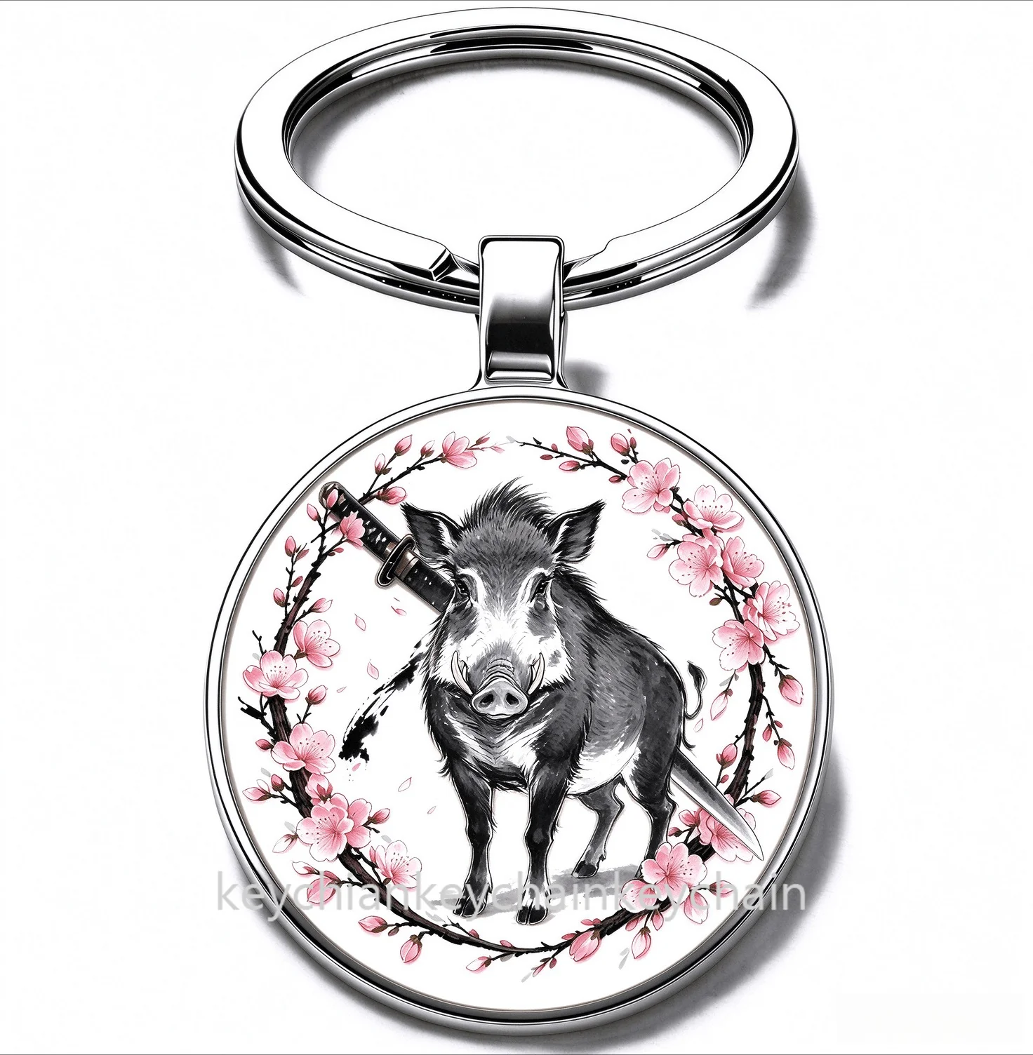 Japanese Boar Cherry Blossom Katana Keychain Samurai Sword Sakura Wreath Key Ring Car Bag Pendant Men Gift