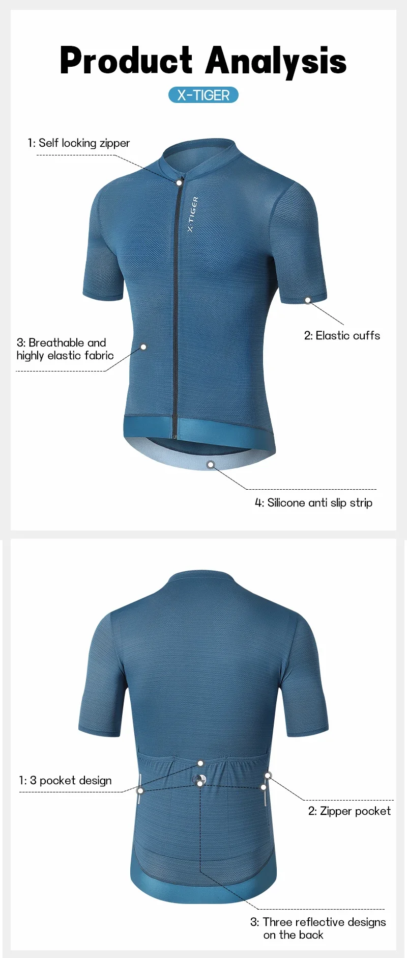 X-TIGER Sommer-Radtrikot, atmungsaktives, kurzes Sportshirt, schmal geschnittenes Profi-Radtrikot, Rennsport-Oberteil, Freizeitbekleidung, Radtrikot – Detail 5