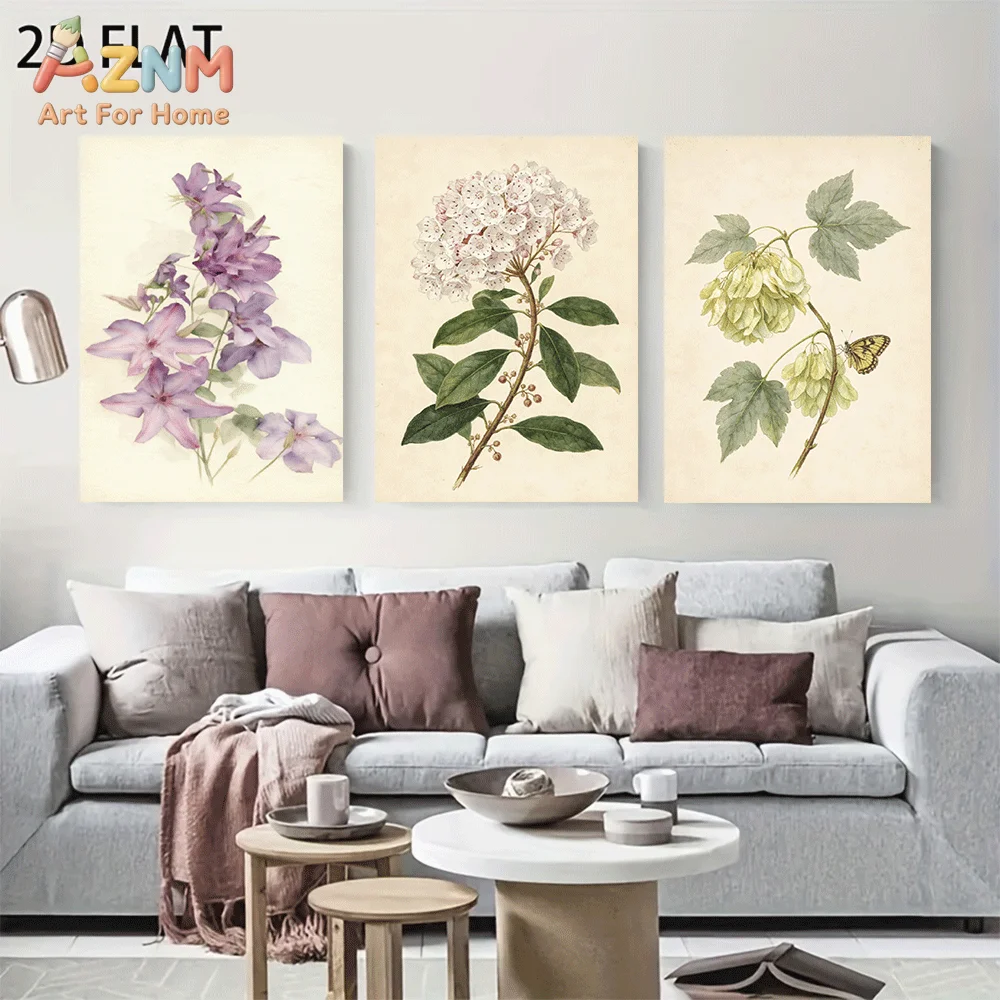 AZNM Frameless Canvas Wall Art, Vintage Botanical Purple White Flower Butterfly Print, Antique Watercolor Floral Wall Decor for