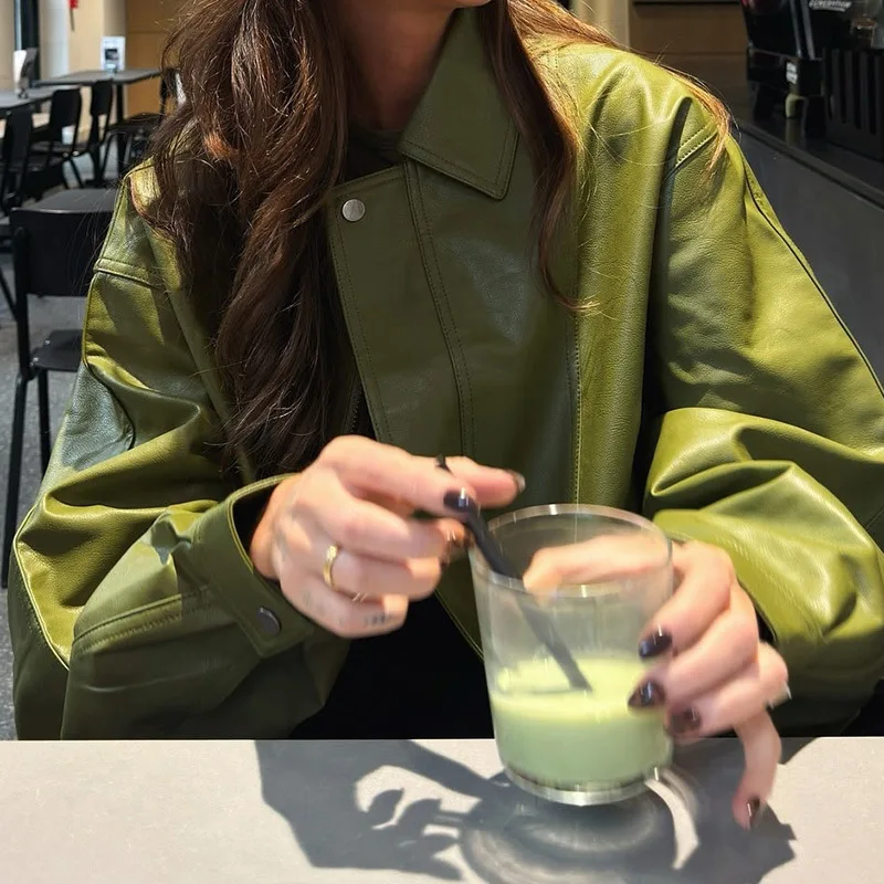 

Faux Leather Jackets Women Solid Loose Zipper Coats Turn Down Collar Long Sleeve Jacket Streetwear Pockets Casual Autumn 2026