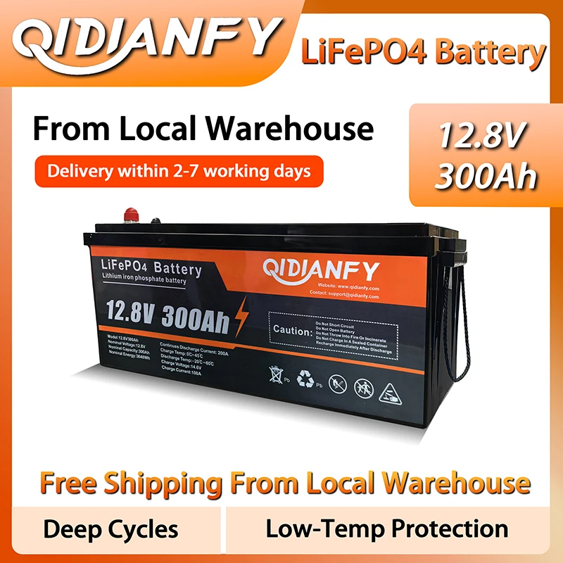 

Аккумулятор Qidianfy LiFePO4 12В 300Ач со встроенной BMS 200А, 3840Втч, портативный, для солнечных систем, автономных систем, рыбалки, автодомов, резервного питания
