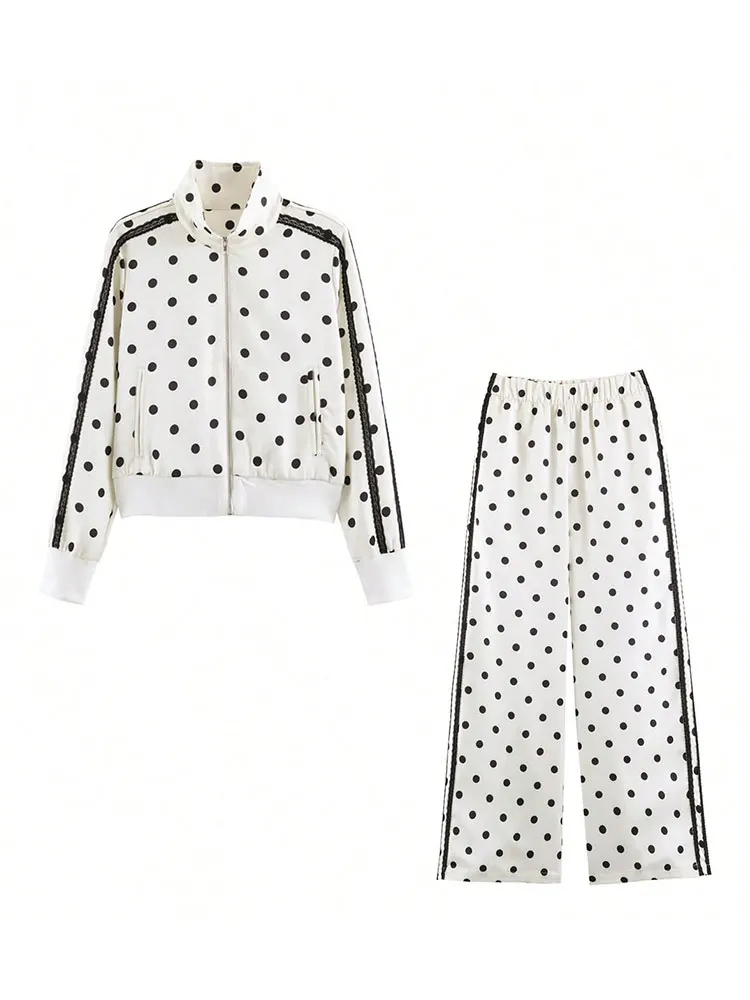 

HH Womens Retro Polka Dot 2 Piece Suit Zip Stand Neck Cropped Top Wide Leg Elastic Waist Pants Fashion Party Casual Office Set
