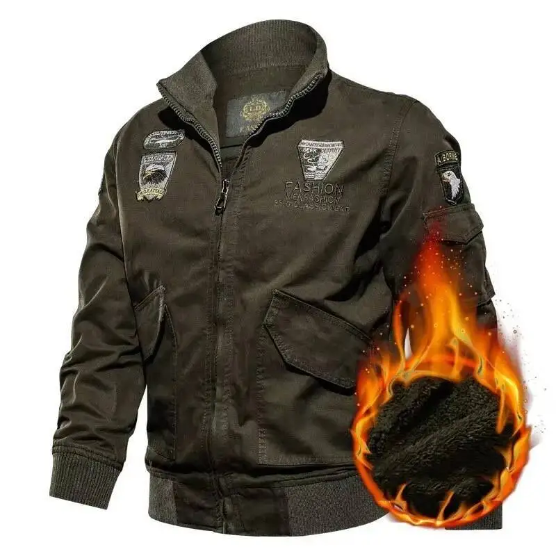 

Winter Warm Varsity Casual Jacket Men Washed Thick Fleece Cotton Parkas Outwear Coat Military Windproof Hooded Jackets